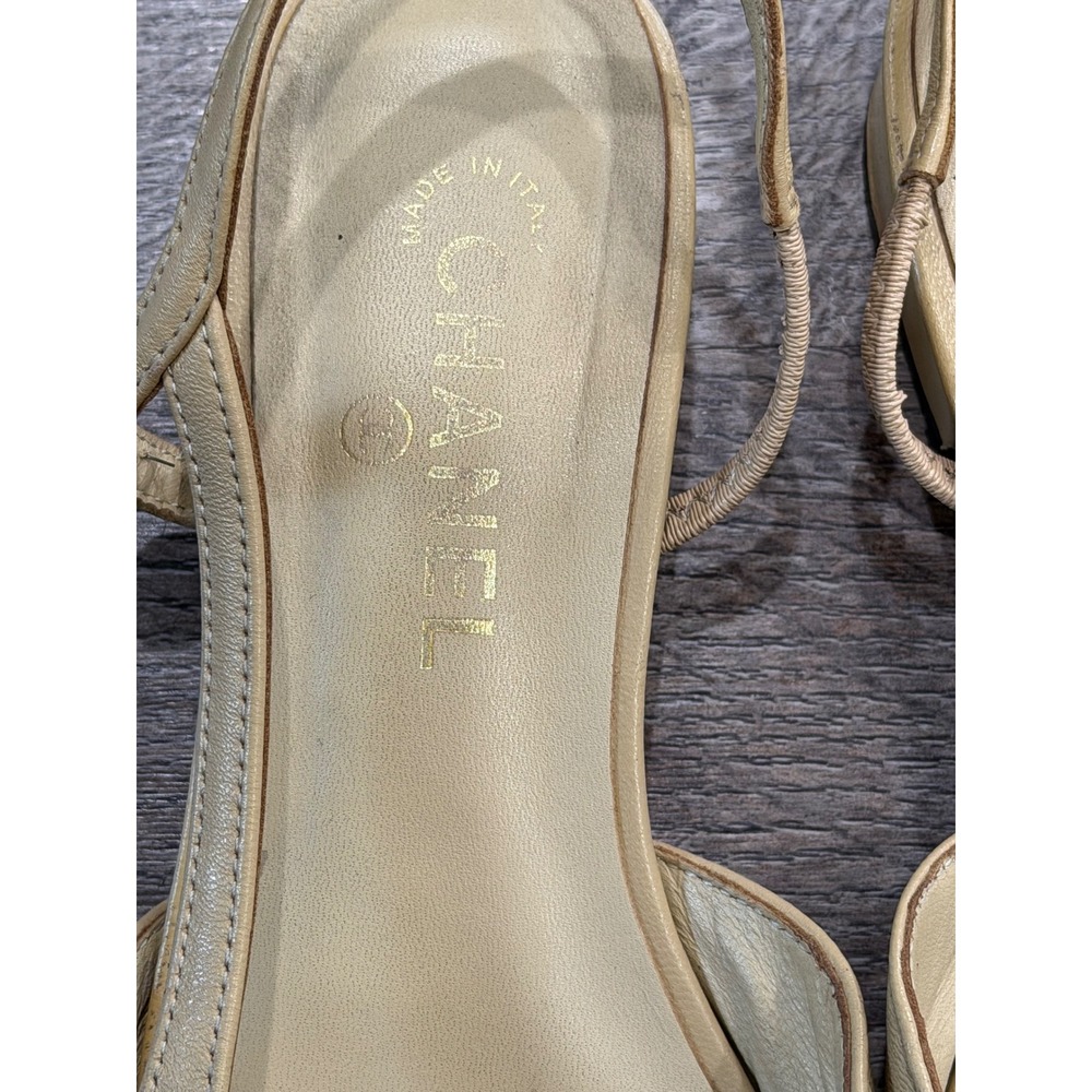 Chanel Beige Leather Black Cap Toe Slingback Flats CC Logo Made in Italy - Picture 8 of 13